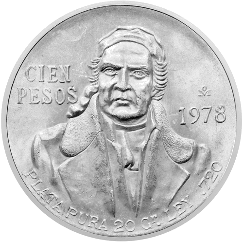 100 pesų Morelos Meksika (1977-1979)  sidabrinė moneta (1)