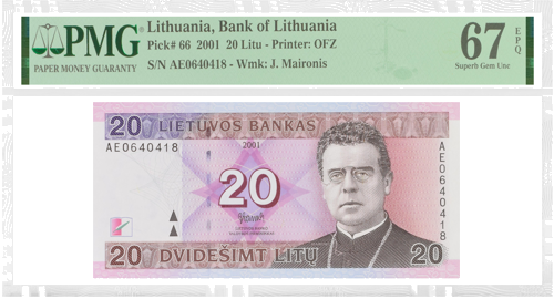 2001 Lithuania 20 Litas Banknote PMG 67 EPQ (1)