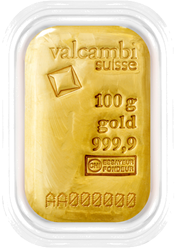 100 g lietais investīciju zelta stienis Valcambi iepakojumā (1)