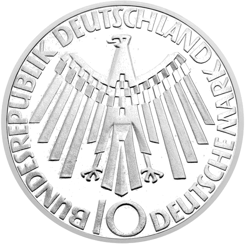 10 markių Miuncheno olimpiada 1972 Vokietija sidabrinė moneta (2)