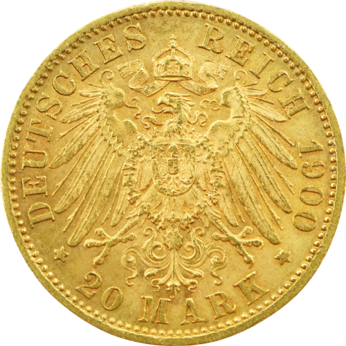 20 Markių Wilhelmas II (1894-1914) Auksinė moneta Viurtembergas Vokietijos imperija (2)