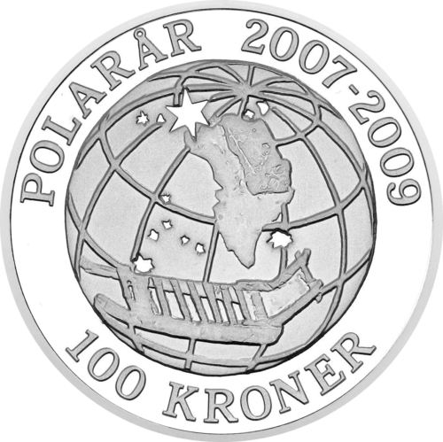 100 крони Полярни години 2008 Дания сребърна монета (1)