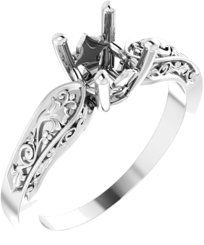 14K White 5.5 mm Asscher Floral Solitaire Engagement Ring Mounting (1)