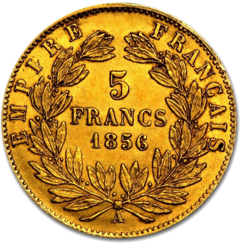 5 Frankai Napoleonas III be vainiko (1854-1860) auksinė moneta Prancūzijos Imperija (2)
