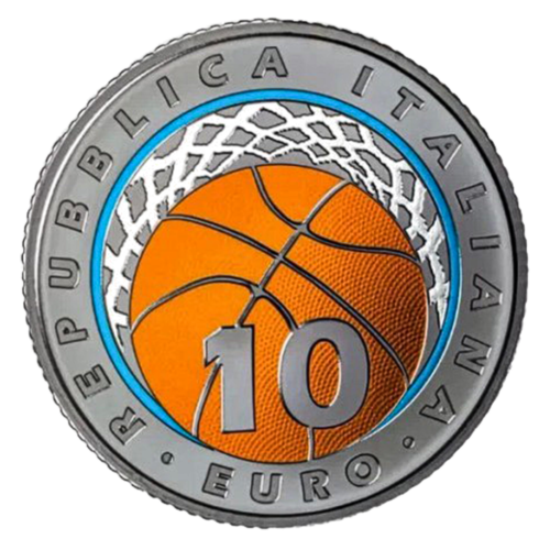 2021 Itālijas basketbola 10 € sudraba (ar roda pārklājumu) monēta (4)
