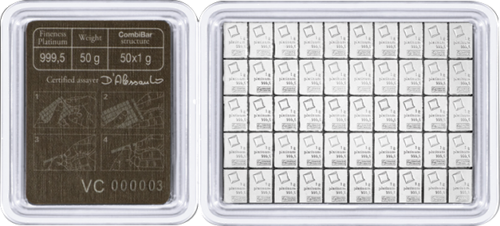 50 x 1 g CombiBar™ Platinos luitai Valcambi (1)