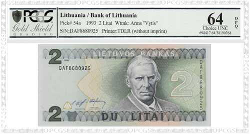 1993 Lietuva 2 litų banknotas PCGS GEM UNC 64 (1)