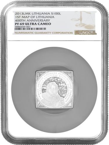 2013 Карта на LDK 400 години Литва сребърна монета от 100 литаса PF 69 ULTRA SAMEO (1)
