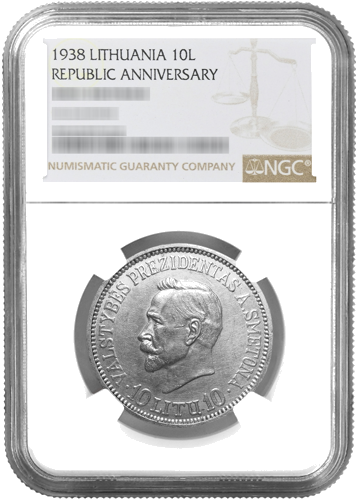 1938. gada Lietuva Prezidents Antans Smetona 10 litų sudraba monēta  NGC MS 62 (1)