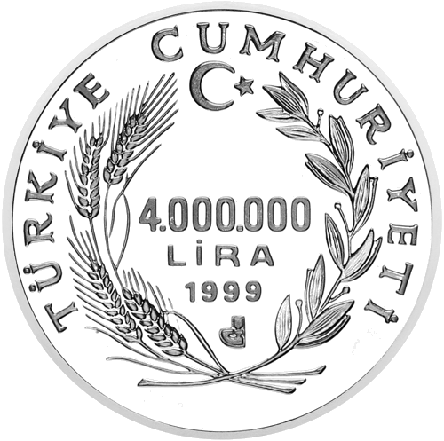 1999 Ķirzaka Turcija 4 miljonu liru sudraba monēta (2)