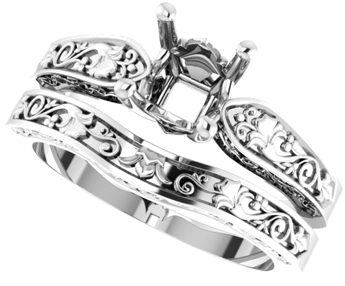 14K White 5.5 mm Asscher Floral Solitaire Engagement Ring Mounting (10)