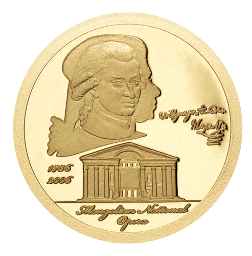 1/25 oz Амадеус Моцарт 2006 Монголия Златна Монета (1)