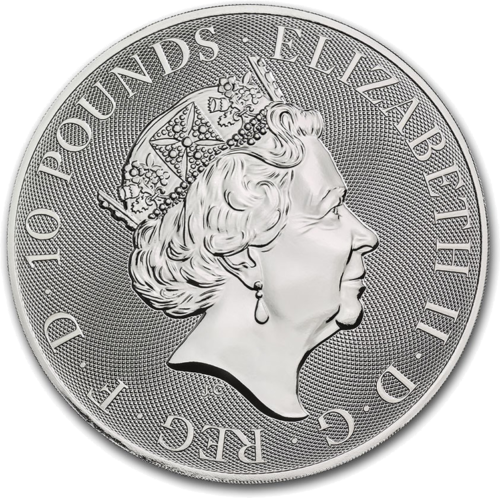 10 oz Baltasis Liūtas 2021 Karalienės žvėrys sidabrinė moneta (2)