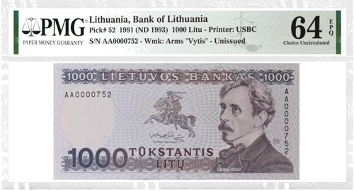 1991 Lietuva 1000 litų banknotas PMG GEM UNC 64 (1)