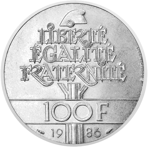 100 франков Статуя Свободы 1986 Франция серебряная монета (2)