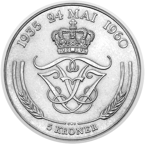 5 kronas Karalis Frederiks IX Sudraba kāzas 1960 Dānija sudraba monēta (2)