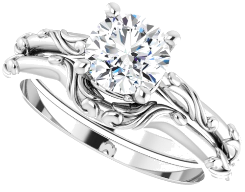 14K White 6.5 mm Round Solitaire Scroll Engagement Ring Mounting (10)