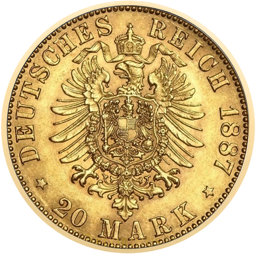 20 марки Вилхелм I (1871–1888) златна монета на Германската империя (2)