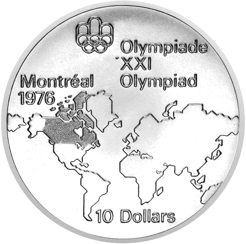 10 долларов Олимпиада Карта мира Канада 1975 серебряная монета (1)
