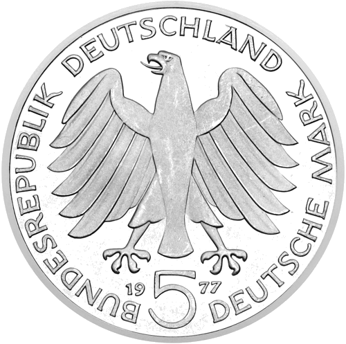 1977 Карл Фридрих Гаусс Германия 5 марок серебряная монета (2)