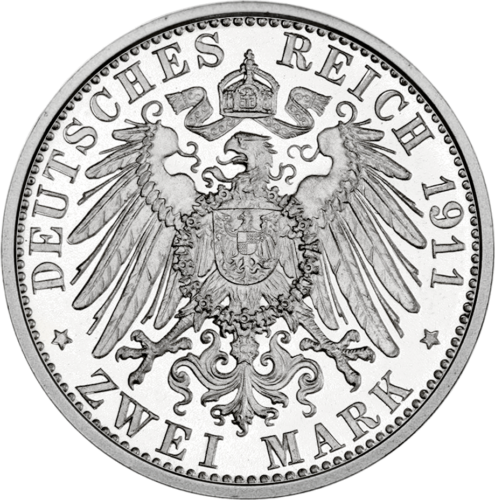 Сребърна монета от 2 марки за 90-ия рожден ден на принц Луитполд през 1911 г. в Германската империя (2)