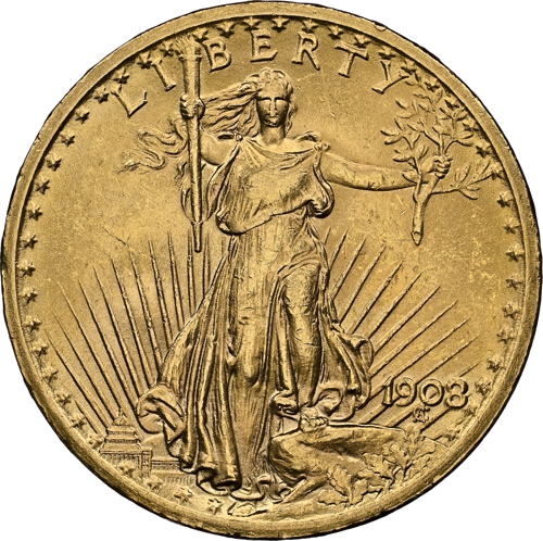 $20 Saint Gaudens/Двоен орел US златна монета AU 58 1908 г. (3)