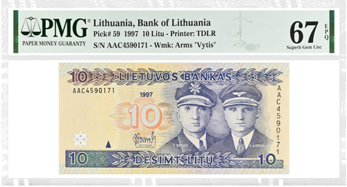 1997 Lietuva 10 Litų banknotas PMG 67 EPQ (1)