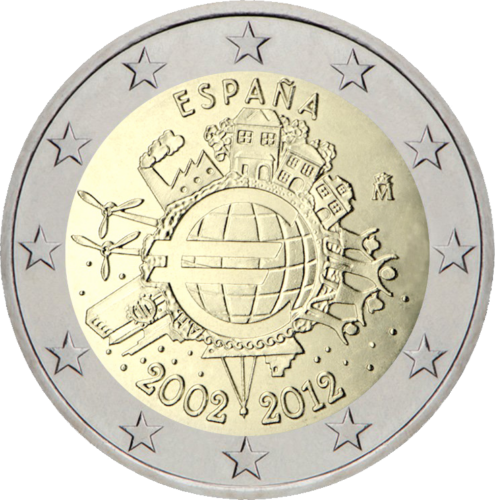 2012 Испания Десет години евро (TYE) - монета от 2 евро (1)