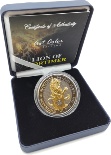 2 oz Белый Лев Мортимеров (Art of Color collection) 5 фунтов позолоченная серебряная монета (3)