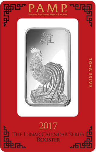 1 oz kolekcijas ieguldījumu sudraba stienis 2017 Gailis Lunar PAMP (1)