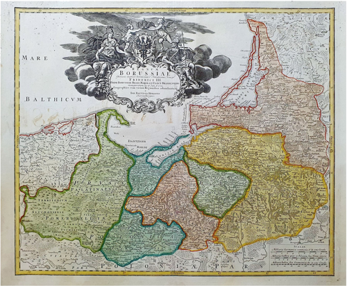 Eiropas karte: Lietuva, Polija un Prūsija, Regnum Borussiae Gloriosis, J. B. Homans, ap 1701.–1720. g. (1)