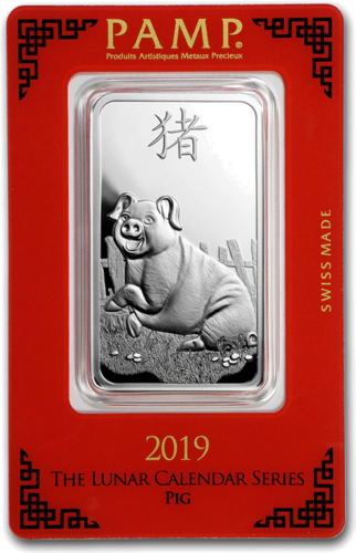 2019 Kiaulės metai 1 oz sidabro luitas Lunar PAMP (1)
