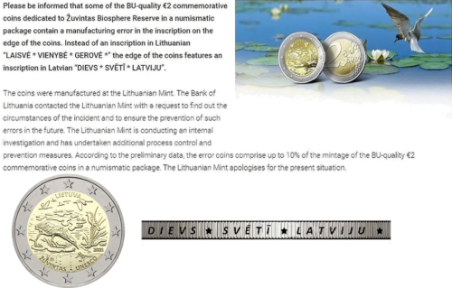 2021 Литва Биосферный резерват Жувинтас монета 2 евро BU на карточке! (С ОШИБКОЙ) (3)