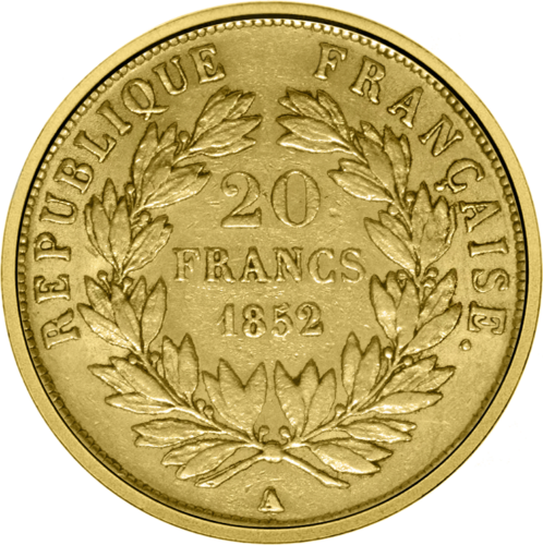 20 franku Louis-Napoléon Bonaparte 1852. gada Francijas zelta monēta (2)