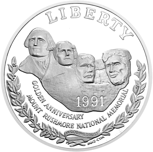 1991 Маунт Рашмор США 1 доллар серебряная монета (1)