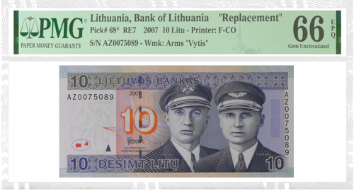 2007 Lietuva 10 litu banknote (AZ sērija) PMG 66 EPQ (1)