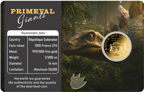 1/1000 oz Stegosaurus Primeval Giants 1000 Francs Gabon Gold Coin (2)