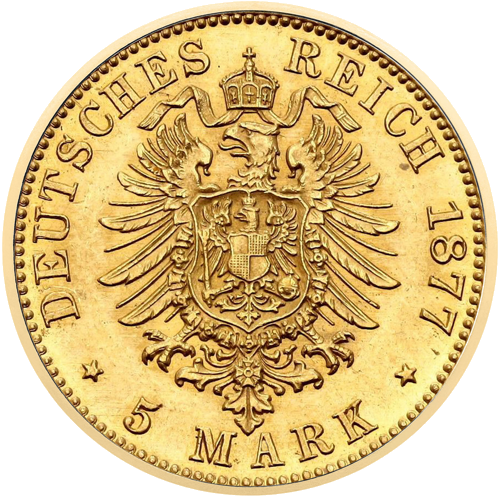 5 марки Вилхелм I (1877–1878) Германска империя златна монета (2)
