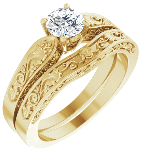 14K Yellow 5.2 mm Round Floral Solitaire Engagement Ring Mounting (6)