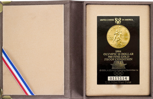 1984 JAV Olimpinės žaidynės 10 dolerių auksinė Proof  moneta (2)