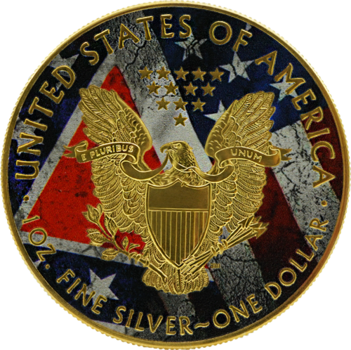 1 oz Amerikos Erelis JAV/Konfederatų vėliava (Art of Color collection) spalvota 1 dolerio sidabrinė moneta (2)