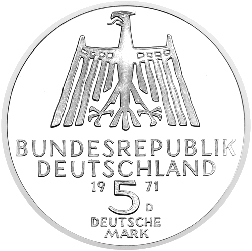 1971 Albrehts Dīrers Vācija 5 marku sudraba monēta (2)