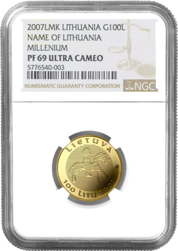 2007 Lietuvas vārda 1000 gadu jubileja 100 litu zelta monēta PF 69 ULTRA CAMEO (1)
