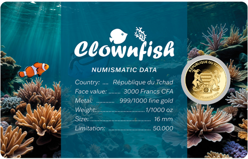 Золотая монета Clownfish Amphiprion Ocellaris 1/1000 oz 3000 франков Чад (3)