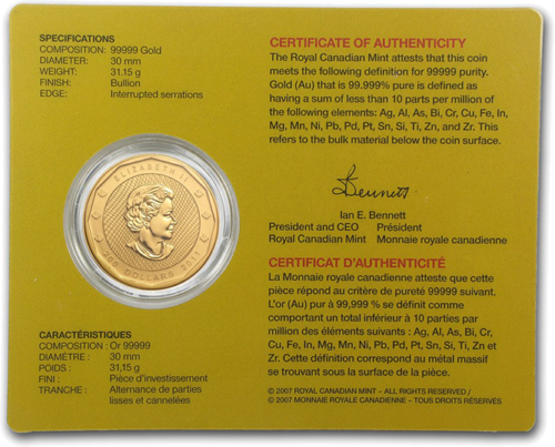 1 oz Кленовый лист 2011 Канада 99999 золотая монета (2)