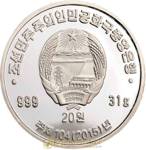 2015 Šiaurės Korėja, Chrysolophus Pictus, 20 won sidabrinė moneta (2)