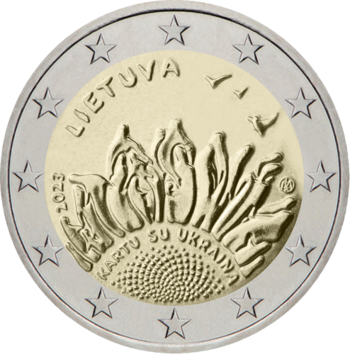 2023 Литва Монета от 2 евро върху карта Заедно с Украйна (5)