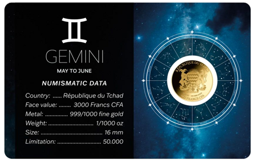 1/1000 oz Близнецы (Zodiac Series) 3000 франков Чад золотая монета (2)