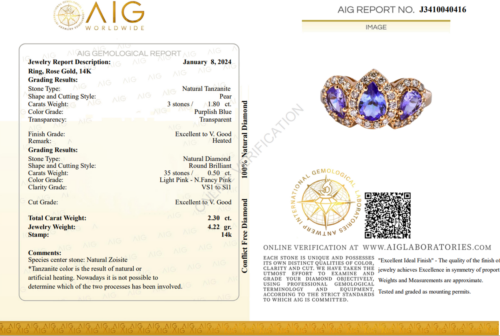 Rose gold ring with 3 Tanzanites (1.80 ct) and 35 natural Diamonds (0.50 ct) / VS1-SI1 (5)