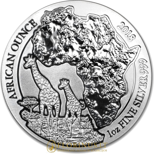 2018 Žirafa, Ruanda, 50 frankų, 1 oz sidabrinė moneta (1)